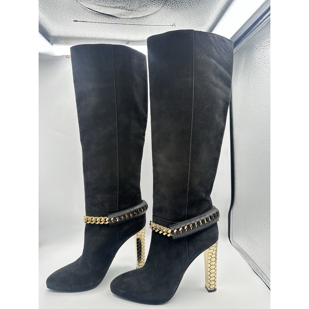 Roberto Cavalli Black Suede Knee High Boots Gold Chain & Stud Exotic Glam Rock